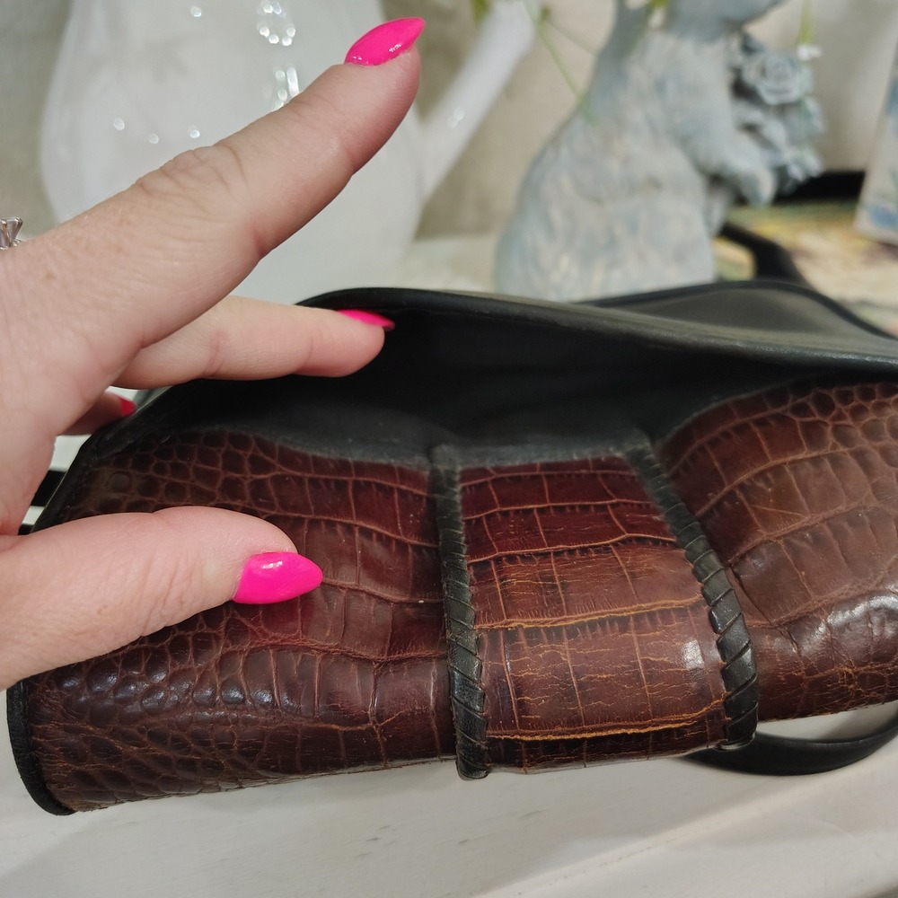 BRIGHTON Crossbody Bag Womens Small Black Brown Croc Embossed Leather Heart - Picture 5 of 10